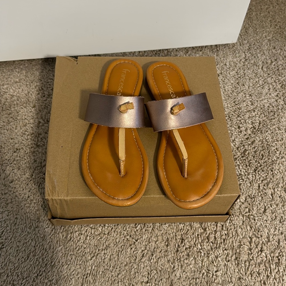 Rose gold t strap sandal